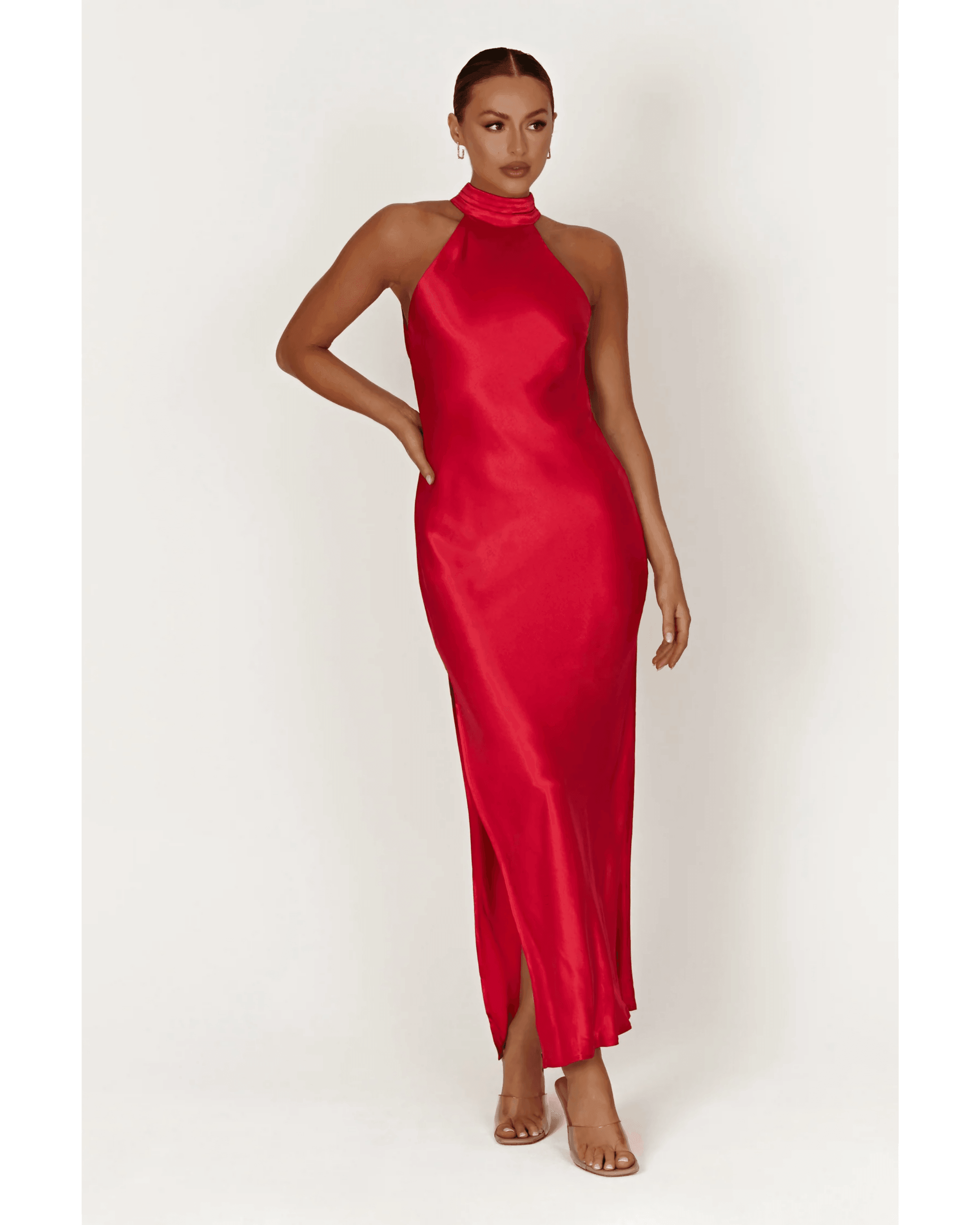 Claire Satin Drape Back Maxi Dress with Split - Endless - UAE Rental and Resale for Women's Fashion