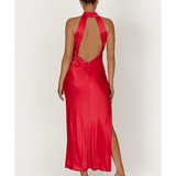 Claire Satin Drape Back Maxi Dress with Split - Endless - UAE Rental and Resale for Women's Fashion