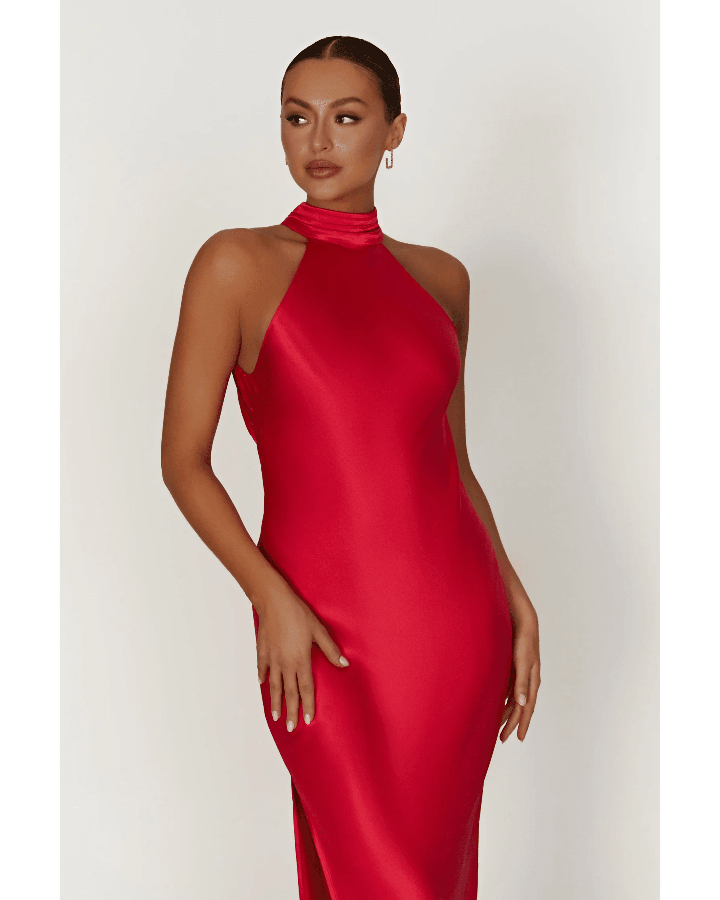 Claire Satin Drape Back Maxi Dress with Split - Endless - UAE Rental and Resale for Women's Fashion