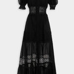 Black maxi dress with lace panels, puff sleeves, smocked waist and tiered skirt — Charo Ruiz Ibiza | Endless UAE