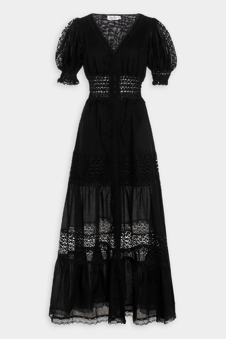 Black maxi dress with lace panels, puff sleeves, smocked waist and tiered skirt — Charo Ruiz Ibiza | Endless UAE