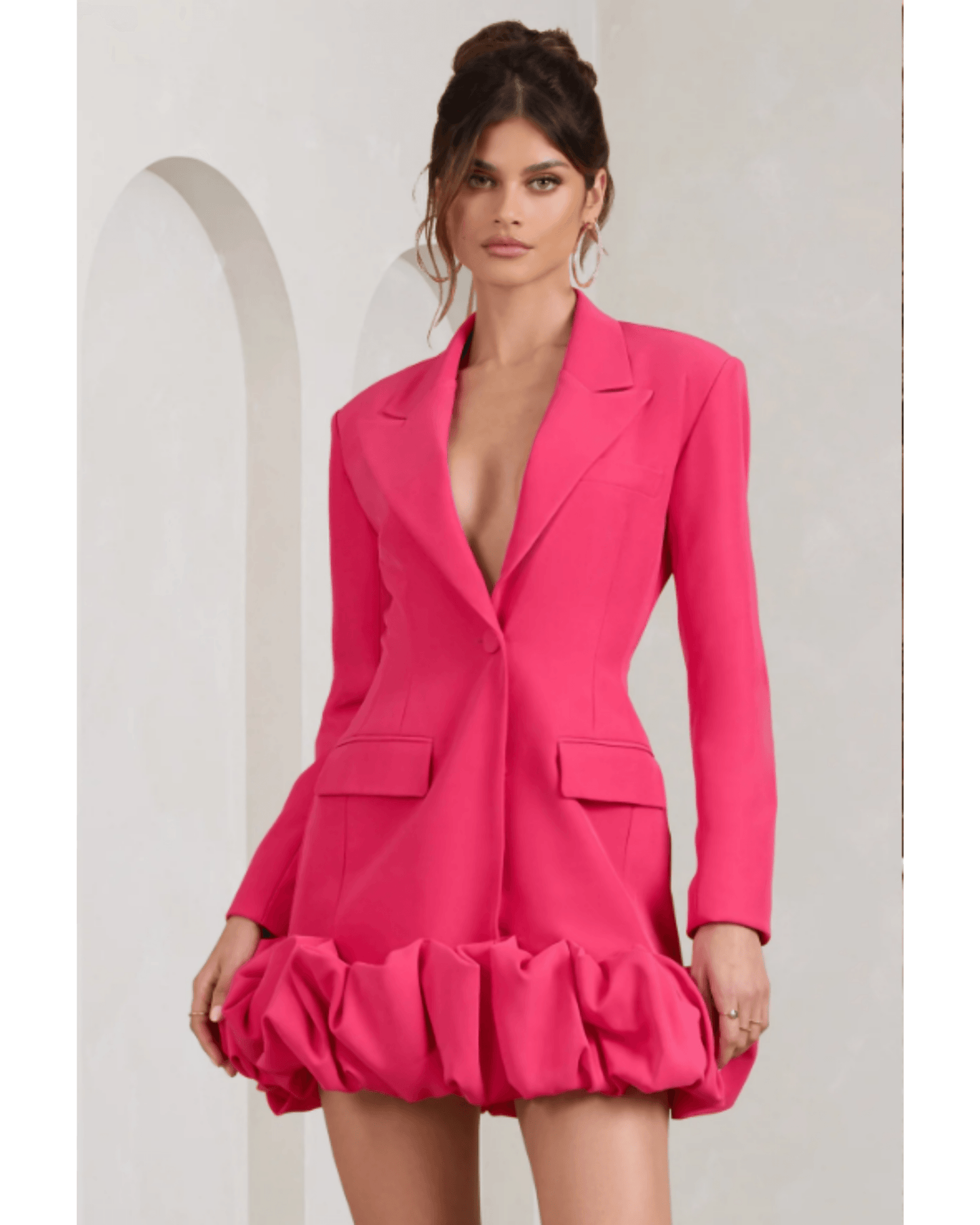 Cloud Catching Hot Pink Tailored Blazer Mini Dress With Ruffled Hem - Endless