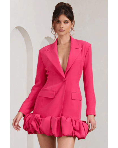 Cloud Catching Hot Pink Tailored Blazer Mini Dress With Ruffled Hem - Endless