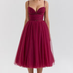 Burgundy tulle midi dress with sweetheart neckline and ruched bodice — House of CB | Endless UAE