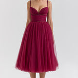 Burgundy tulle midi dress with sweetheart neckline and ruched bodice — House of CB | Endless UAE