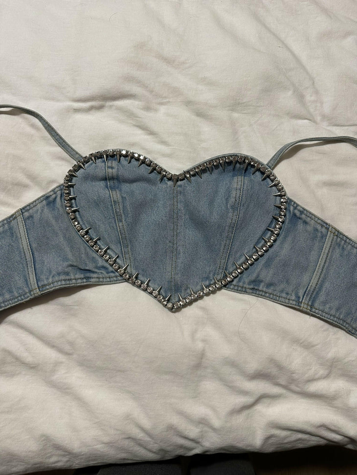 Crystal-Embellished Denim Crop Top - Endless - UAE Rental and Resale for Women's Fashion