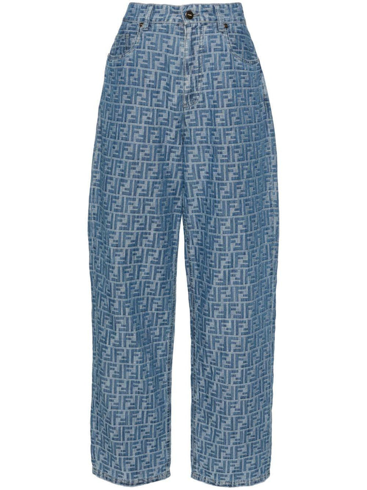 Fendi monogram chambray cotton jeans with high waist and straight leg silhouette — Fendi | Endless UAE