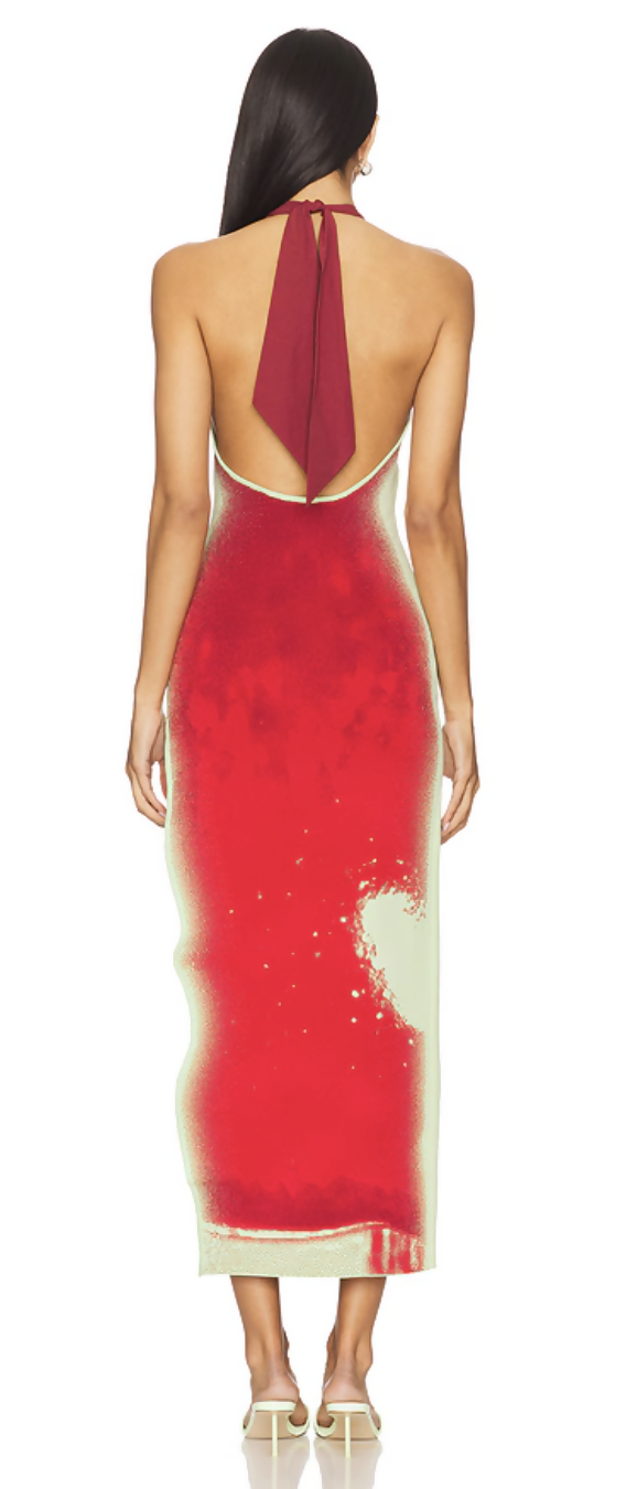 Noah Halter Neck Long Dress in red gradient print with open back and tie detail — ph5 | Endless UAE