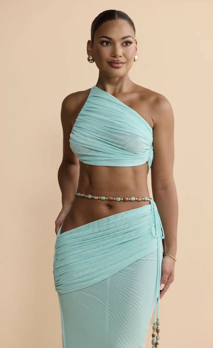 Aliah Co-ord Set in mint wrap crop top and maxi skirt with beaded details — Endless | Endless UAE