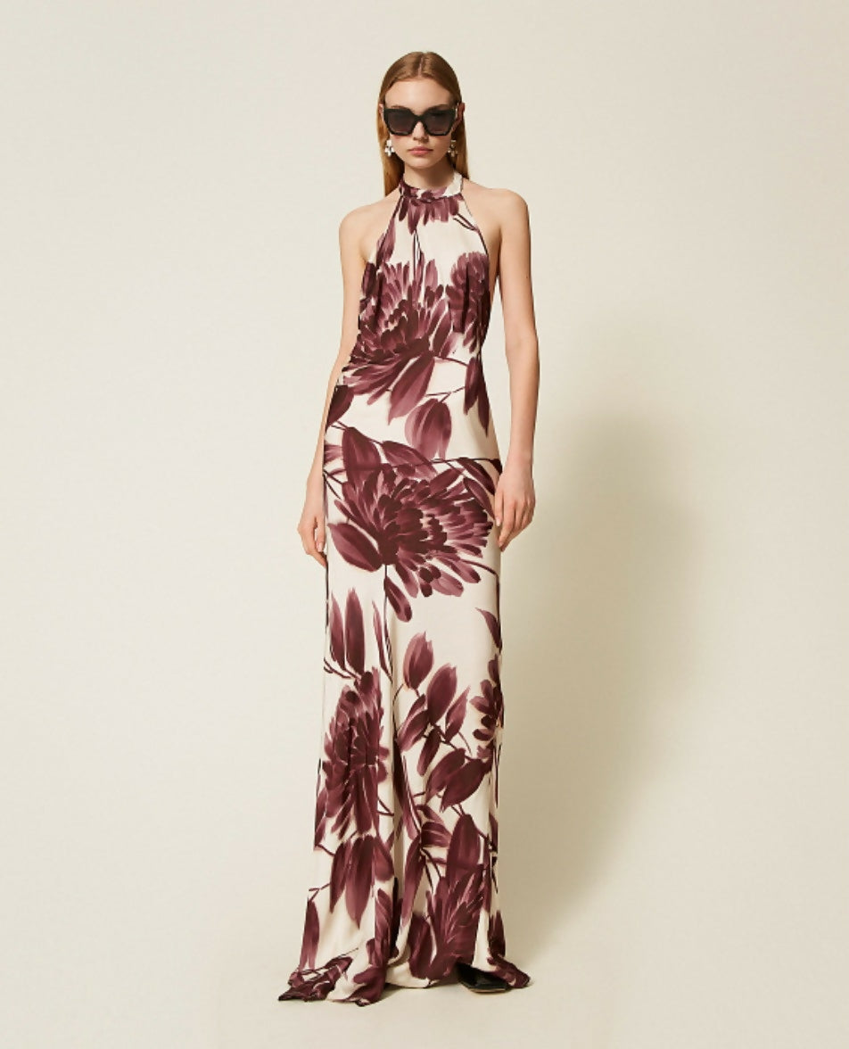 Long halter floral print dress in burgundy and cream — Twinset | Endless UAE