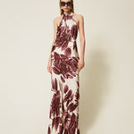 Long halter floral print dress in burgundy and cream — Twinset | Endless UAE