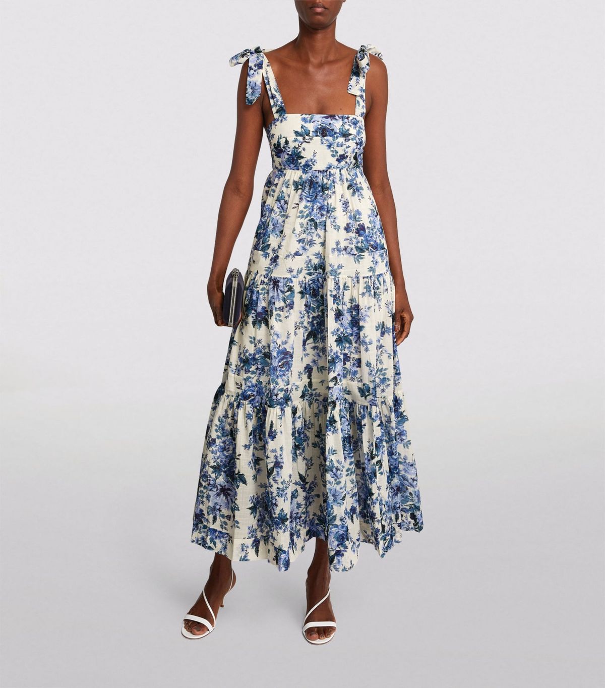 Blue and white floral-print maxi dress with tie shoulder straps and tiered ruffled skirt — Zimmermann | Endless UAE