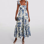 Blue and white floral-print maxi dress with tie shoulder straps and tiered ruffled skirt — Zimmermann | Endless UAE