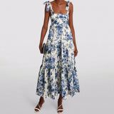 Blue and white floral-print maxi dress with tie shoulder straps and tiered ruffled skirt — Zimmermann | Endless UAE