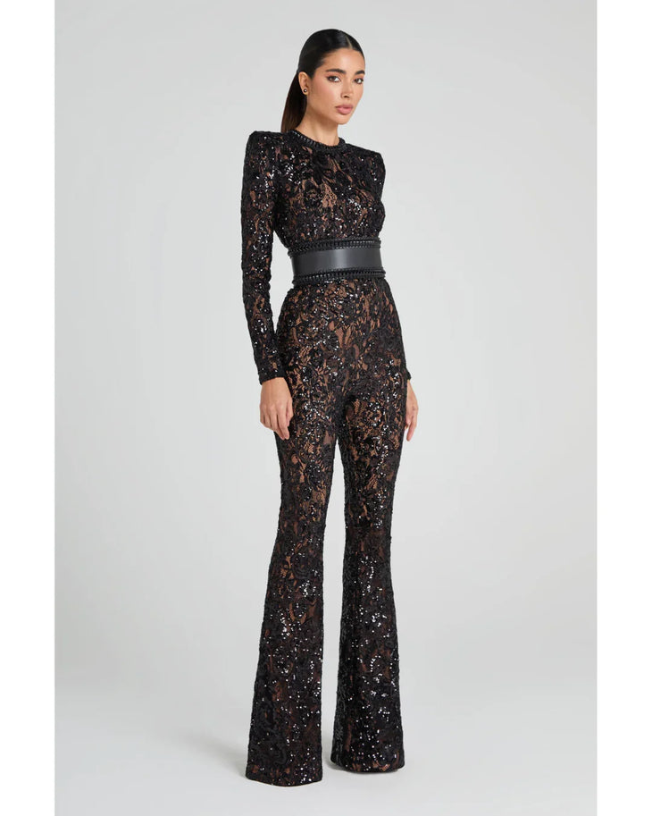 Black lace long-sleeve jumpsuit with studded belt and flared pants — Nadine Merabi | Endless UAE