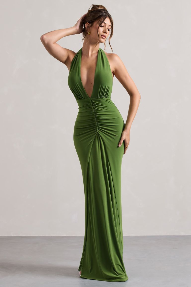 Elegant green halter-neck maxi dress with ruched detailing and plunging neckline, fitted silhouette — Club L London | Endless UAE