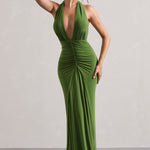 Elegant green halter-neck maxi dress with ruched detailing and plunging neckline, fitted silhouette — Club L London | Endless UAE