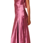 Woman wearing pink satin maxi dress with cowl neckline and side slit — LoveShackFancy | Endless UAE