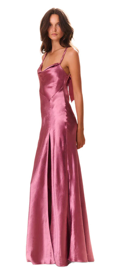 Woman wearing pink satin maxi dress with cowl neckline and side slit — LoveShackFancy | Endless UAE
