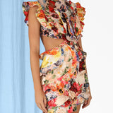 Colorful floral mini dress with ruffled cap sleeves and wrap waist detail — Zimmermann | Endless UAE