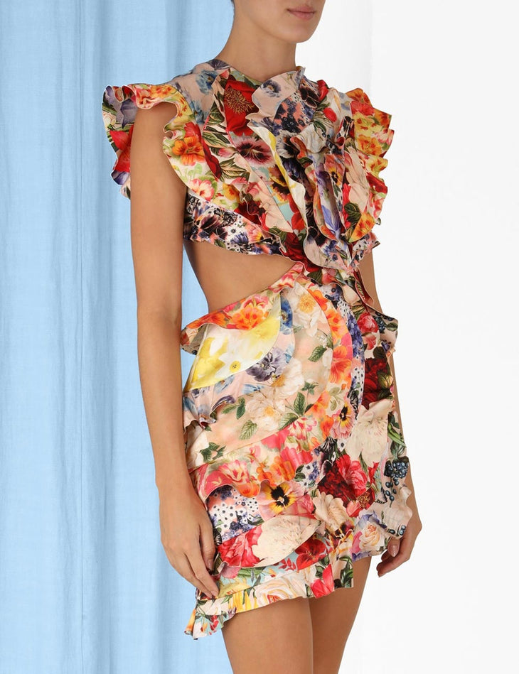 Colorful floral mini dress with ruffled cap sleeves and wrap waist detail — Zimmermann | Endless UAE