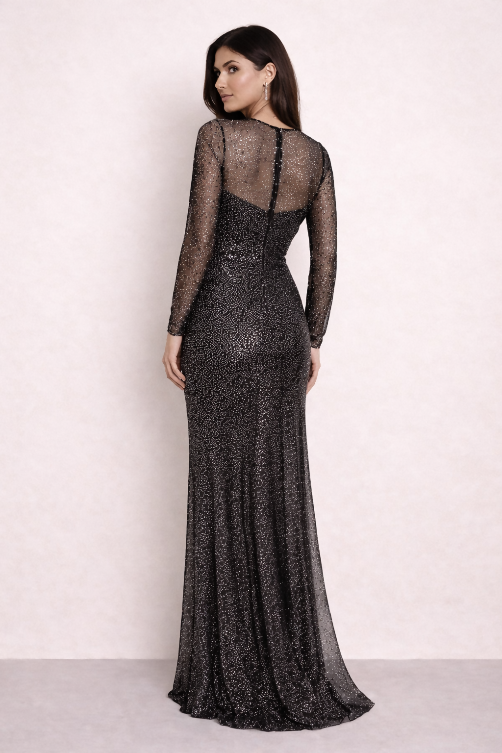Sheer long sleeve glitter maxi dress in black with sparkling embellishments, rear view — Lipsy London | Endless UAE