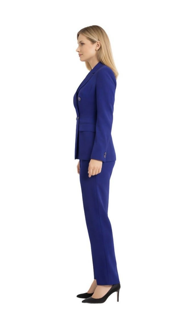 Woman wearing royal blue double-breasted tailored suit with black heels — Elisabetta Franchi | Endless UAE