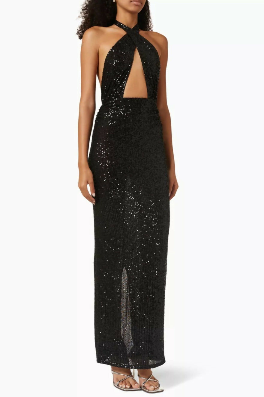Black sequin halterneck maxi dress with cutout front and side slit — Ronny Kobo | Endless UAE
