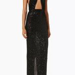 Black sequin halterneck maxi dress with cutout front and side slit — Ronny Kobo | Endless UAE