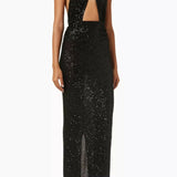 Black sequin halterneck maxi dress with cutout front and side slit — Ronny Kobo | Endless UAE