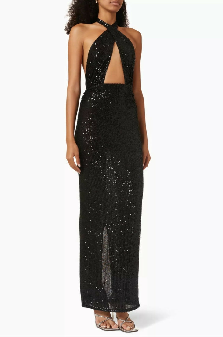 Black sequin halterneck maxi dress with cutout front and side slit — Ronny Kobo | Endless UAE