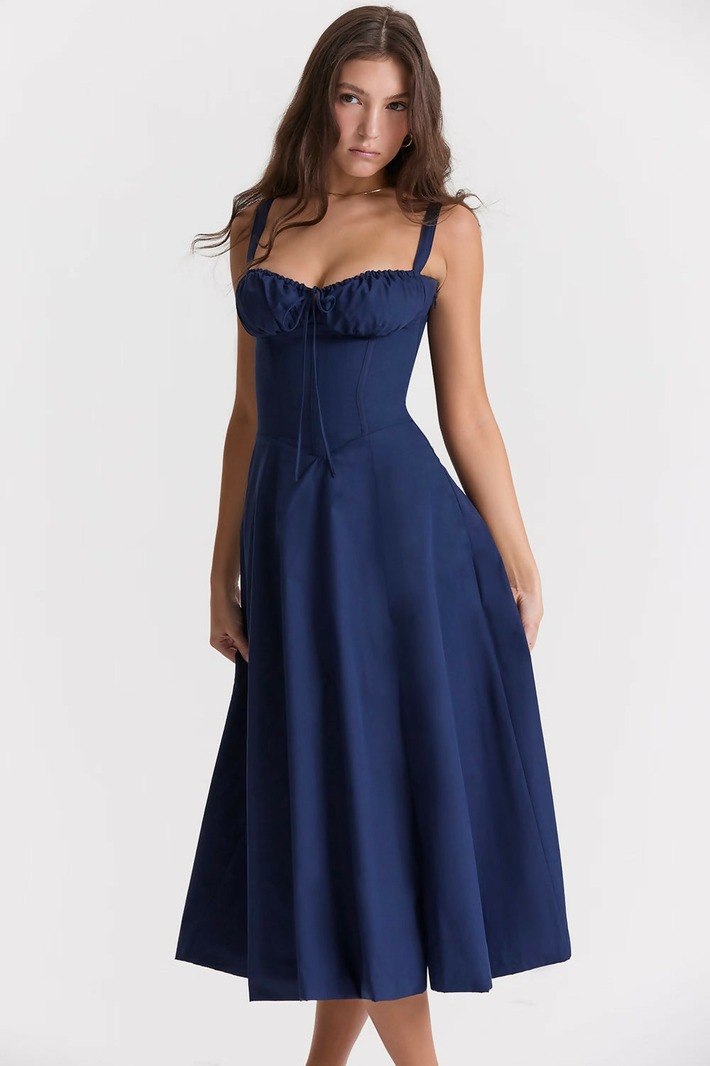 Woman wearing navy blue Carmen French Bustier Sundress with sweetheart neckline — Endless | Endless UAE