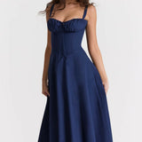 Woman wearing navy blue Carmen French Bustier Sundress with sweetheart neckline — Endless | Endless UAE