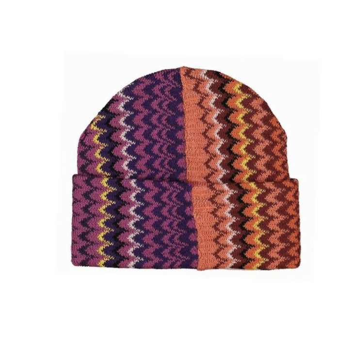 Knitted beanie hat with multicolored zigzag chevron pattern in purple, orange, and pink tones with folded cuff — Missoni | Endless UAE