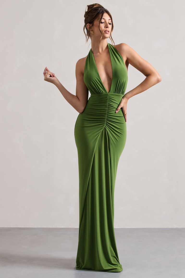 Elegant green halter-neck maxi dress with deep V-neckline and ruched waist detailing for formal occasions — Club L London | Endless UAE