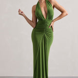 Elegant green halter-neck maxi dress with deep V-neckline and ruched waist detailing for formal occasions — Club L London | Endless UAE