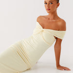 Cream off-shoulder maxi dress with ruched detailing and fitted silhouette — Peppermayo | Endless UAE