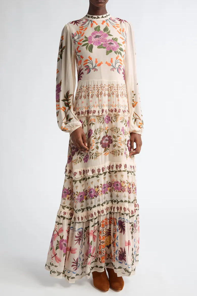 Winter Garden Ruffled Maxi Dress in cream with vibrant floral print and tiered ruffles — FARM Rio | Endless UAE