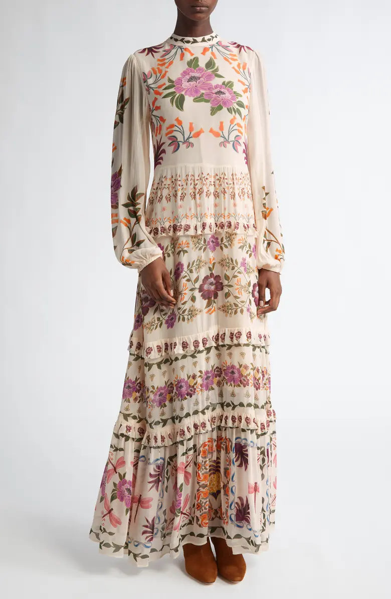 Winter Garden Ruffled Maxi Dress in cream with vibrant floral print and tiered ruffles — FARM Rio | Endless UAE