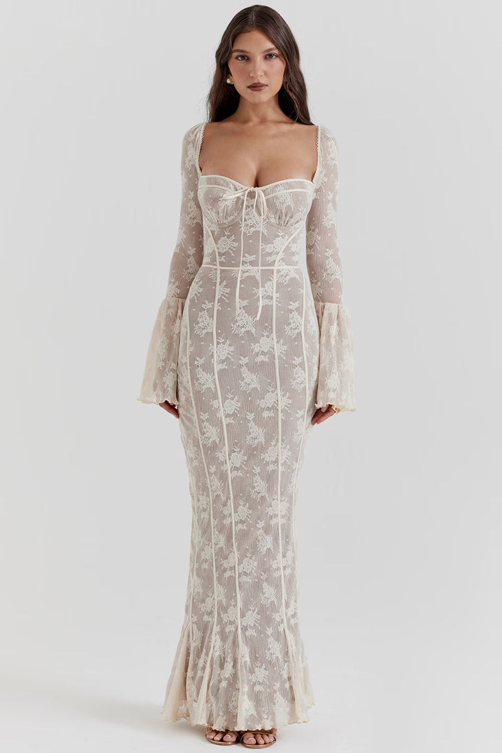 Elegant ivory vintage lace maxi dress with bell sleeves, corset bodice, and mermaid silhouette — House of CB | Endless UAE
