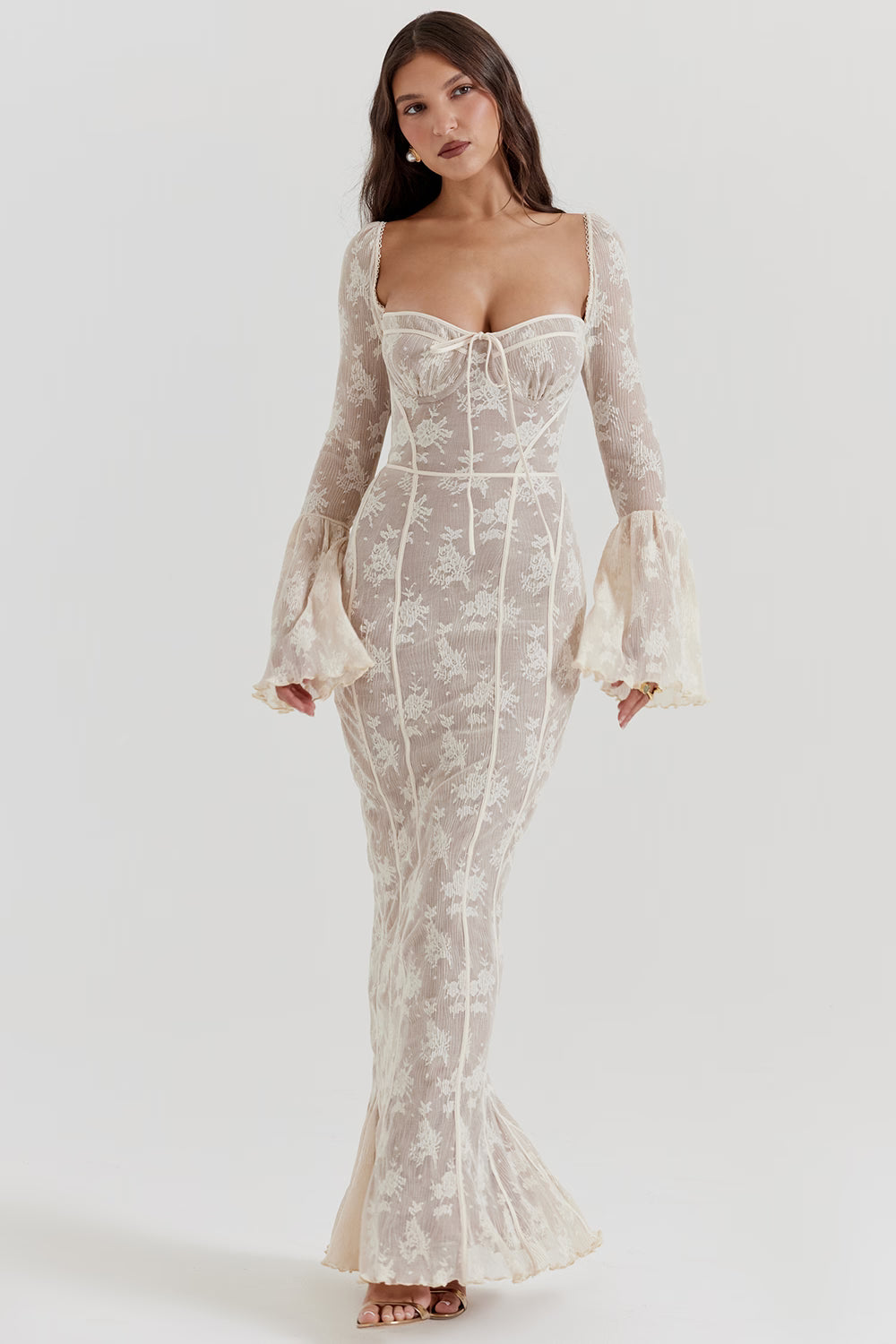 Elegant ivory vintage lace maxi dress with bell sleeves, sweetheart neckline, and form-fitting silhouette — House of CB | Endless UAE