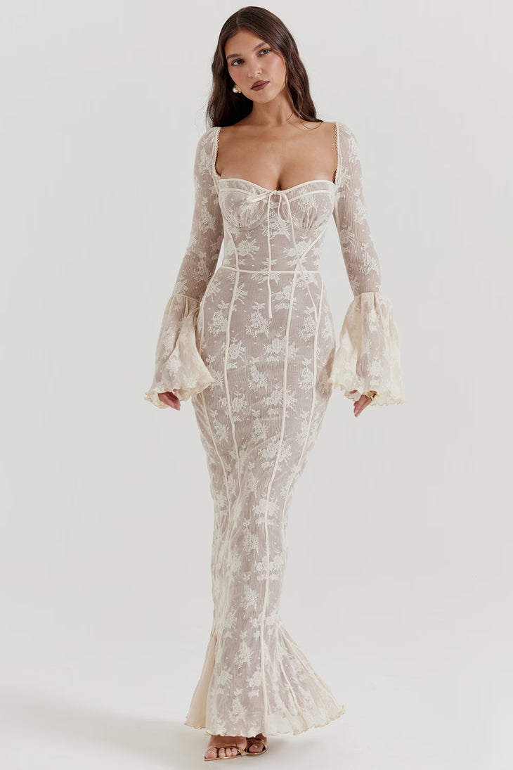 Elegant ivory vintage lace maxi dress with bell sleeves, sweetheart neckline, and form-fitting silhouette — House of CB | Endless UAE