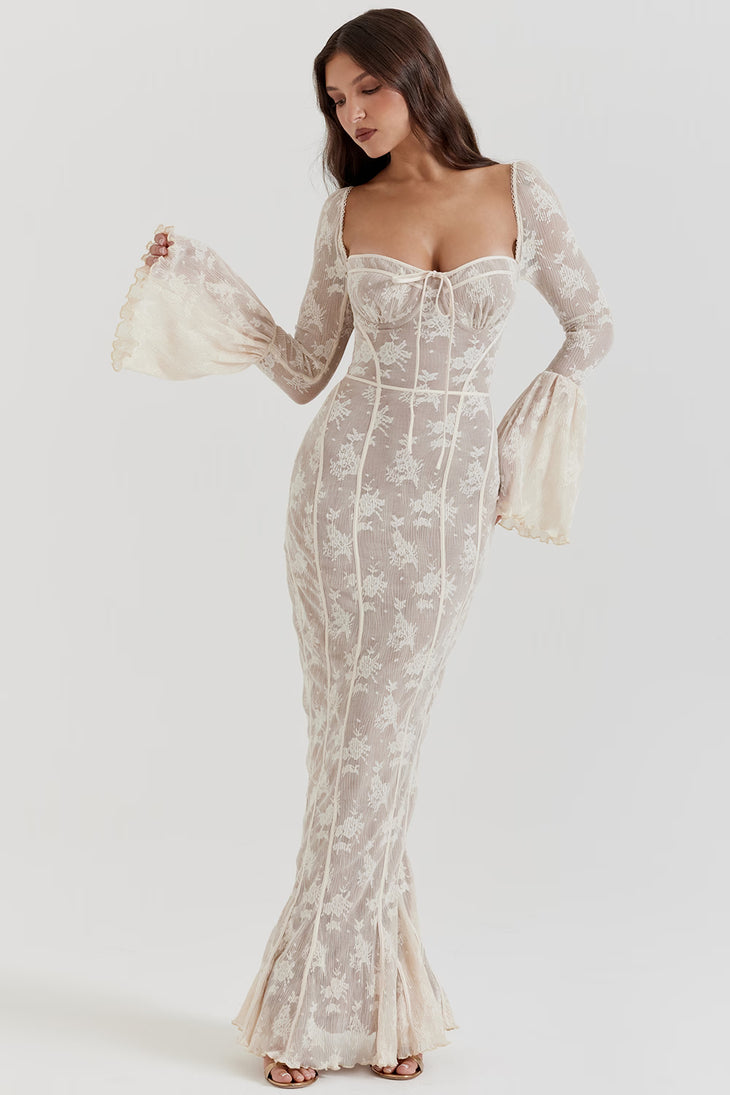 Elegant ivory vintage lace maxi dress with corset bodice and bell sleeves, sheer floral embroidery — House of CB | Endless UAE