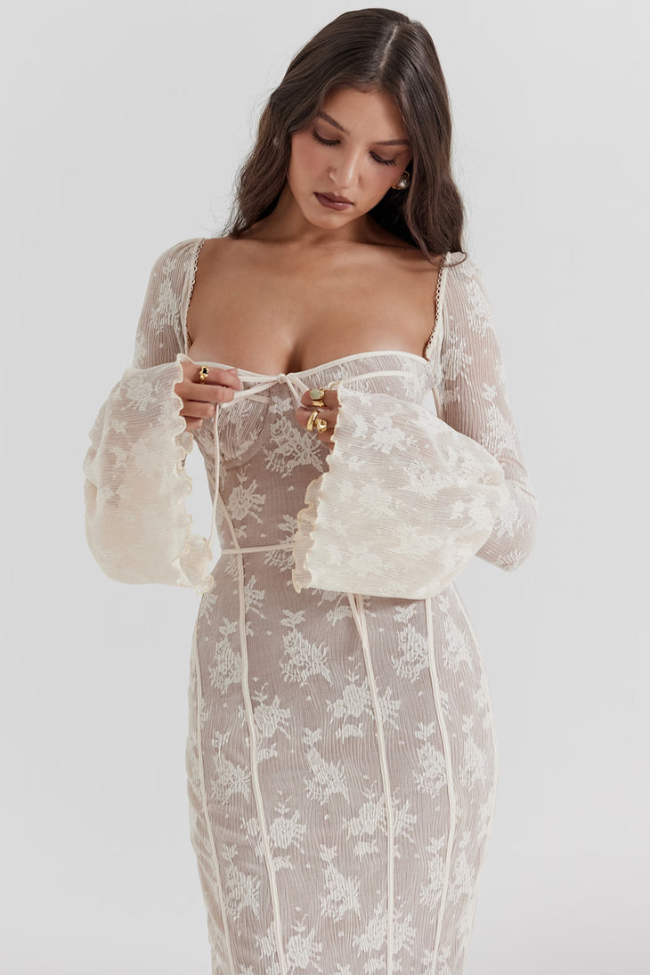 Delicate cream vintage lace maxi dress with sheer balloon sleeves, sweetheart neckline and floral embroidery — House of CB | Endless UAE