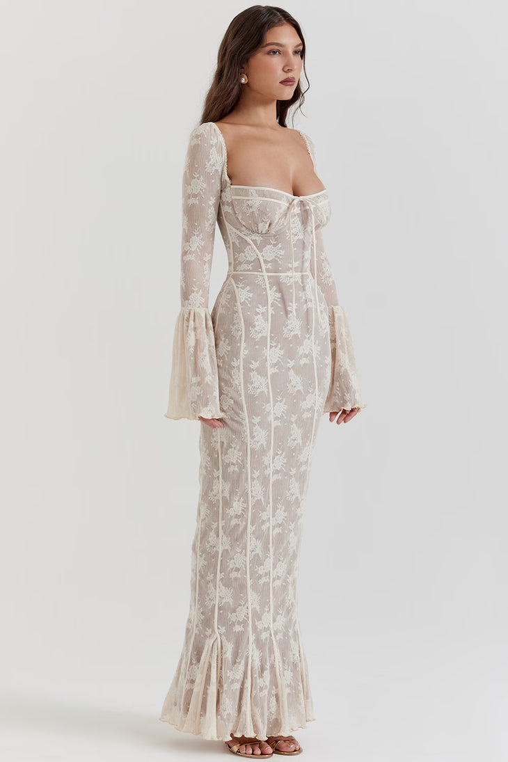 Delilah Vintage Lace Maxi Dress in ivory featuring bell sleeves, off-shoulder neckline, and fitted silhouette — House of CB | Endless UAE