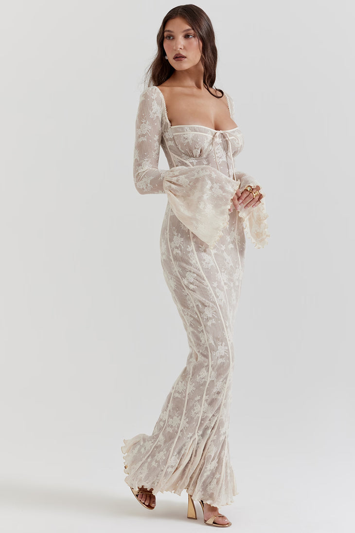 Elegant off-white vintage lace maxi dress with long sleeves, square neckline, and form-fitting silhouette — House of CB | Endless UAE