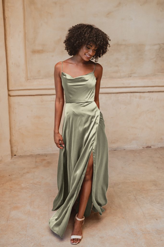 Sage green satin bridesmaid dress with cowl neckline and high slit — You&I Bridal | Endless UAE