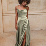 Sage green satin bridesmaid dress with cowl neckline and high slit — You&I Bridal | Endless UAE