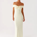 Cream off-shoulder maxi dress with ruched detailing and fitted silhouette — Peppermayo | Endless UAE