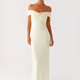 Cream off-shoulder maxi dress with ruched detailing and fitted silhouette — Peppermayo | Endless UAE